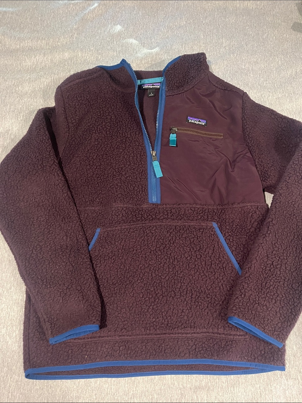 Patagonia Sherpa Pullover with Blue Trim brown/purple burgundy color